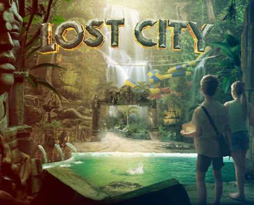 text med lost city syns i djungelmiljö